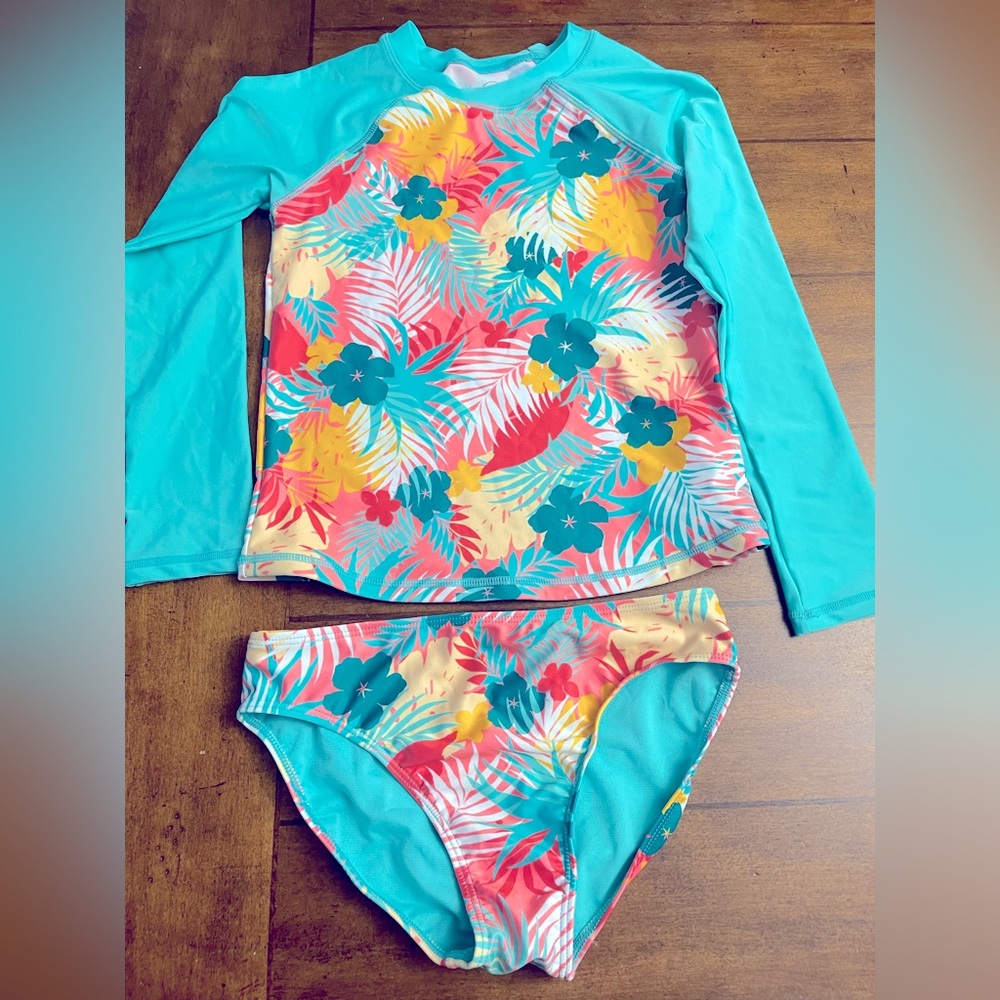 Girls swim suit long sleeve rash guard size 10/12 large EUC tropical blue